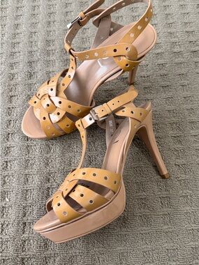 Strappy T-Strap High Heel Sandals in Dark Beige